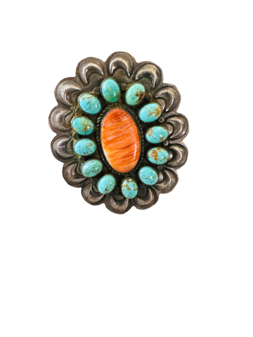 Vintage Navajo Sterling Silver Spiny Turquoise Cluster Ring - Adjustable