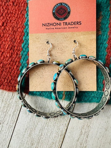 Navajo Turquoise & Sterling Silver Dangle Hoop Earrings by Leroy James