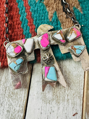 Zuni Sterling Silver & Cotton Candy Thunderbird Necklace by Jude Candelaria