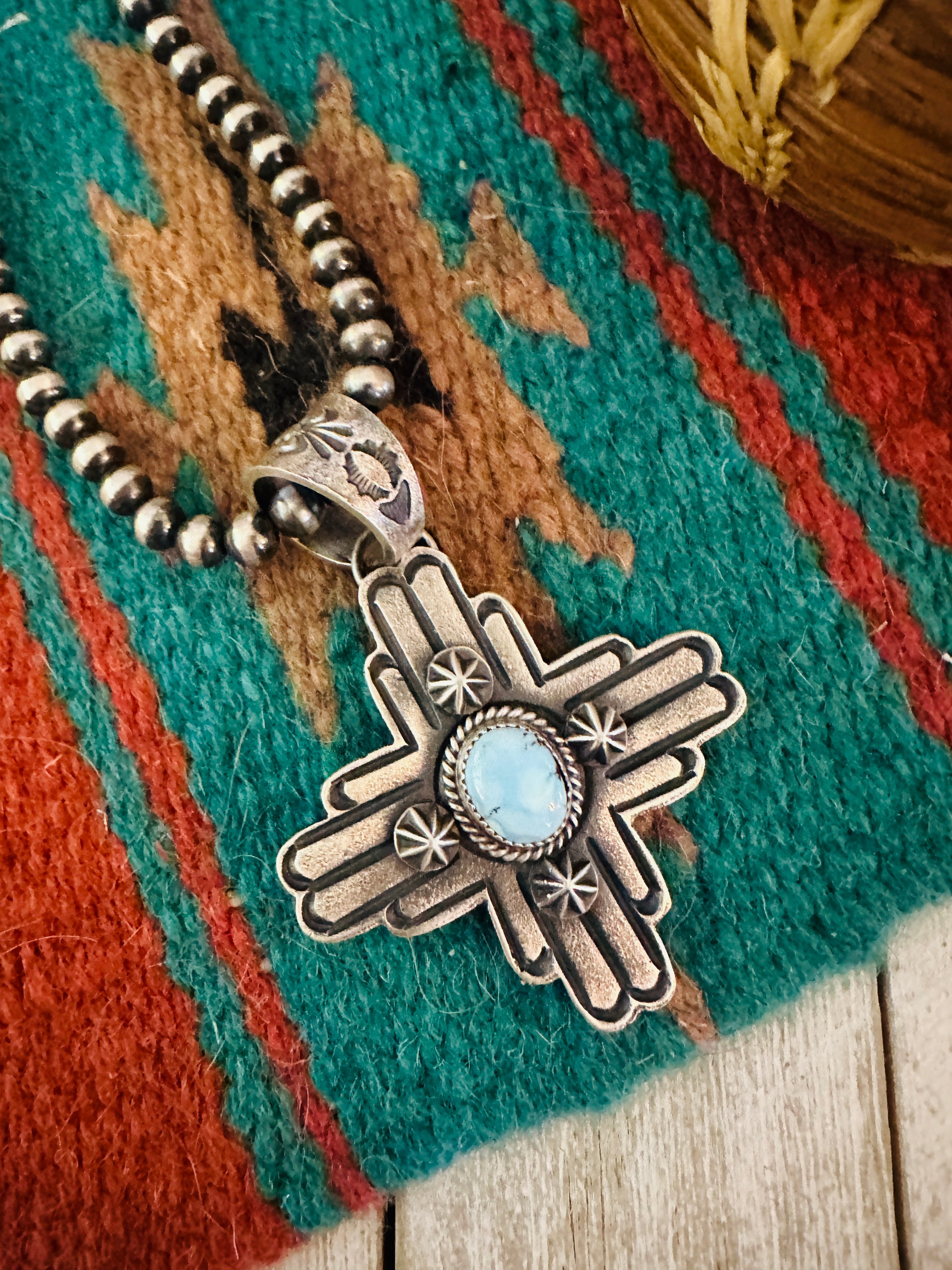 Navajo Sterling Silver & Golden Hills Turquoise Cross Pendant by Kevin Billah