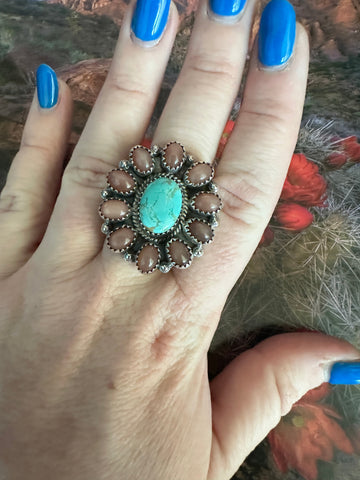 Handmadee Adjustable Turquoise Mother of Pearl Sterling Silver Ring