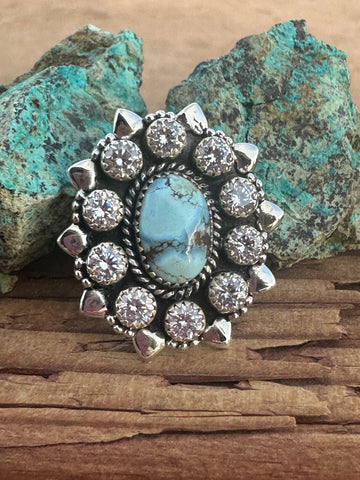 Handmade Golden Hills Turquoise, CZ & Sterling Silver Adjustable Ring Signed Nizhoni