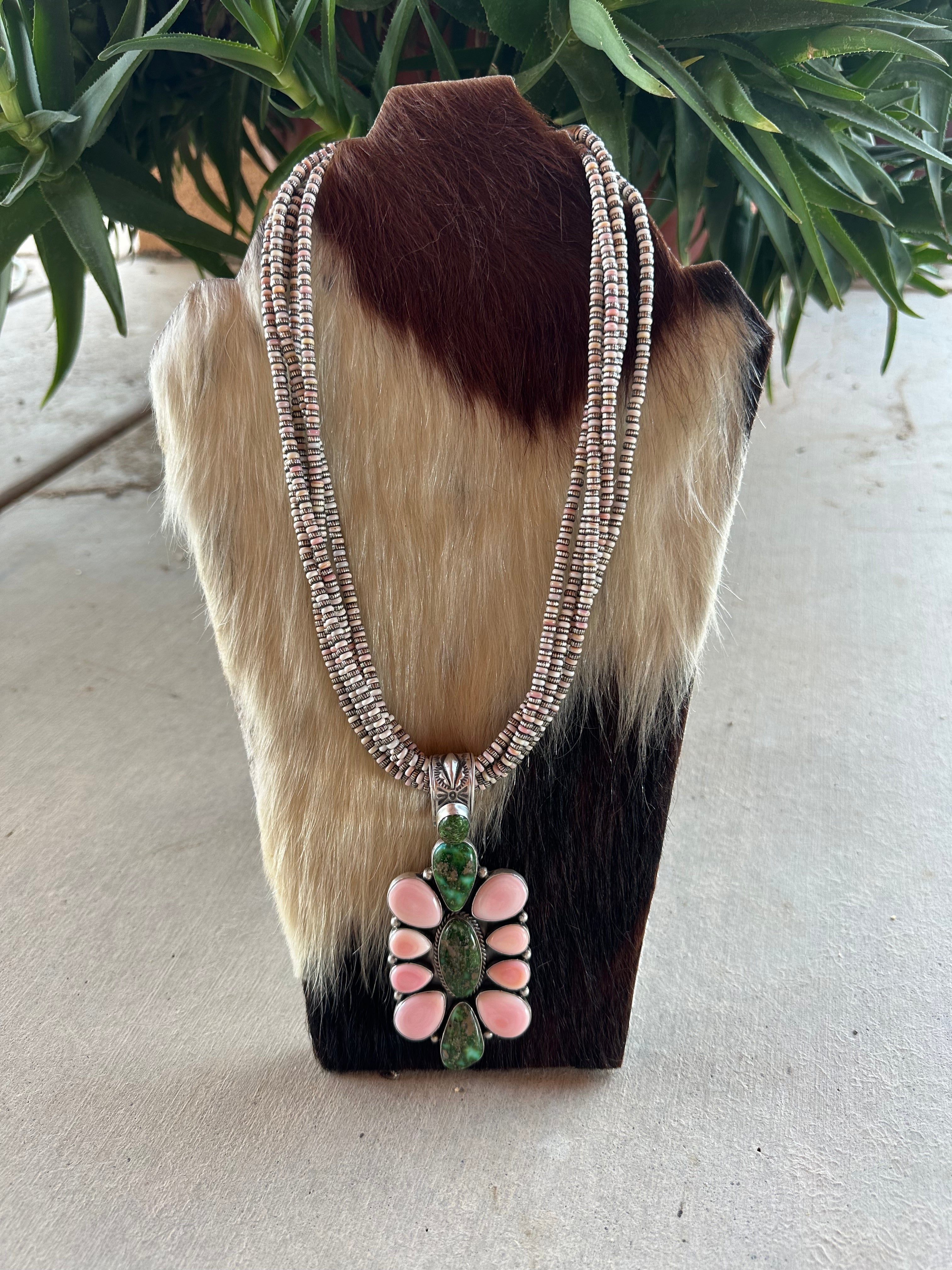 Beautiful Navajo Sterling Silver, Pink Conch & Sonoran Turquoise Beaded Necklace With Pendant Signed P Yazzie