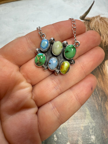 Handmade Sterling Silver, Sonoran Mountain, Palomino, Golden Hills Turquoise Cluster Bar Necklace