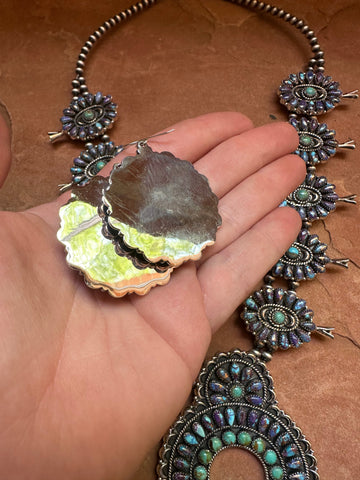 Handmade Sterling Silver, Purple Dream Mojave & Turquoise Squash Blossom Necklace Set Signed Nizhoni