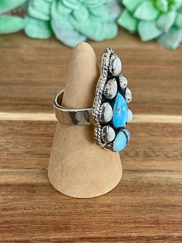 Beautiful Handmade Golden Hills Turquoise, White Buffalo And Sterling Silver Adjustable Ring