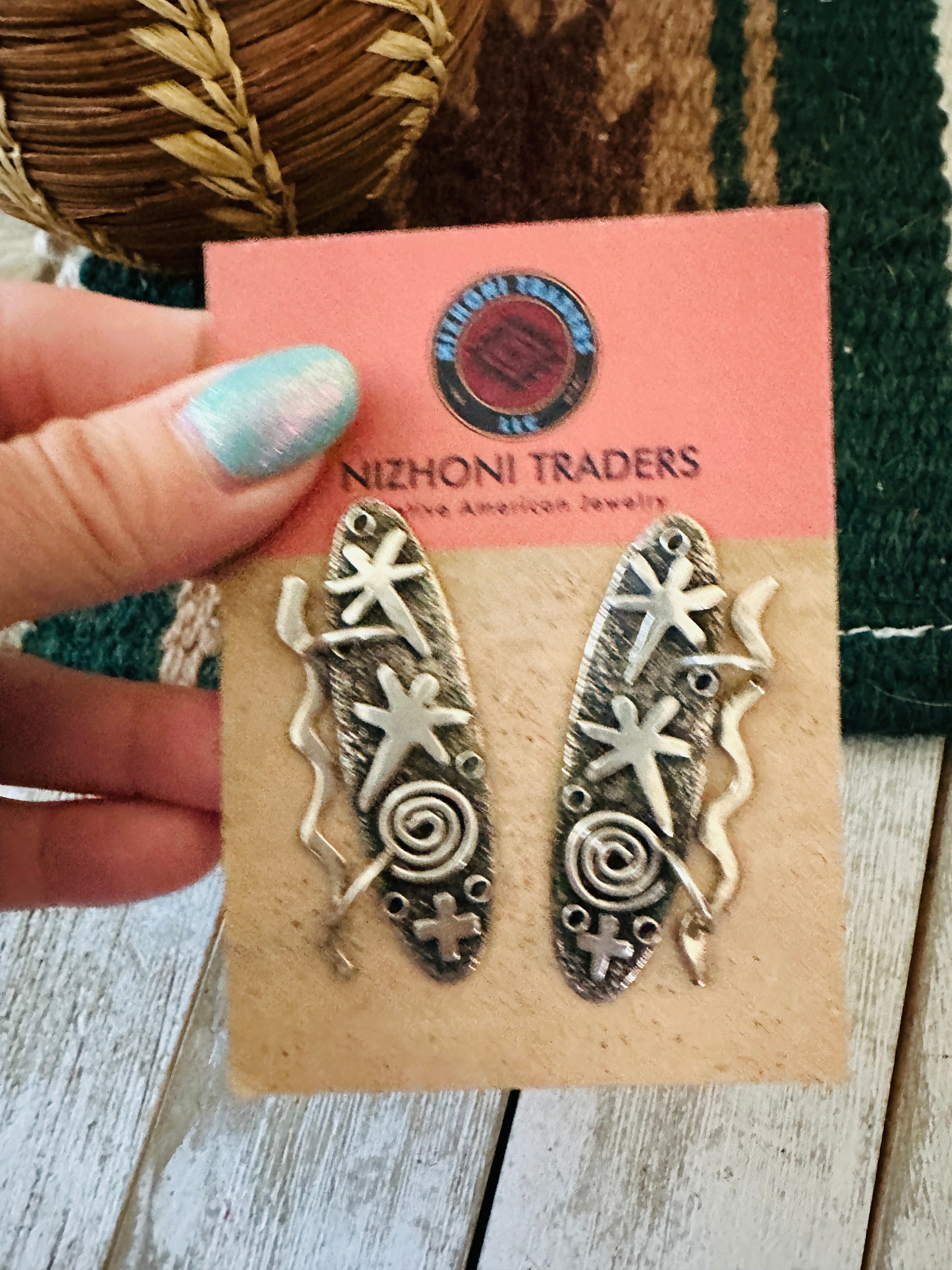 Old Pawn Navajo Hand Stamped Sterling Silver Dangle Earrings by Alex Sanchez