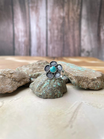Handmade Adjustable Turquoise Sterling Silver Floral Marigold Ring