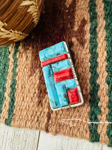 Navajo Turquoise, Coral & Sterling Silver Inlay Money Clip