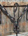 Dark Oil Buckstitch Copper and Turquoise Browband / One Ear / Breastcollar Buckstitch Tack Set 