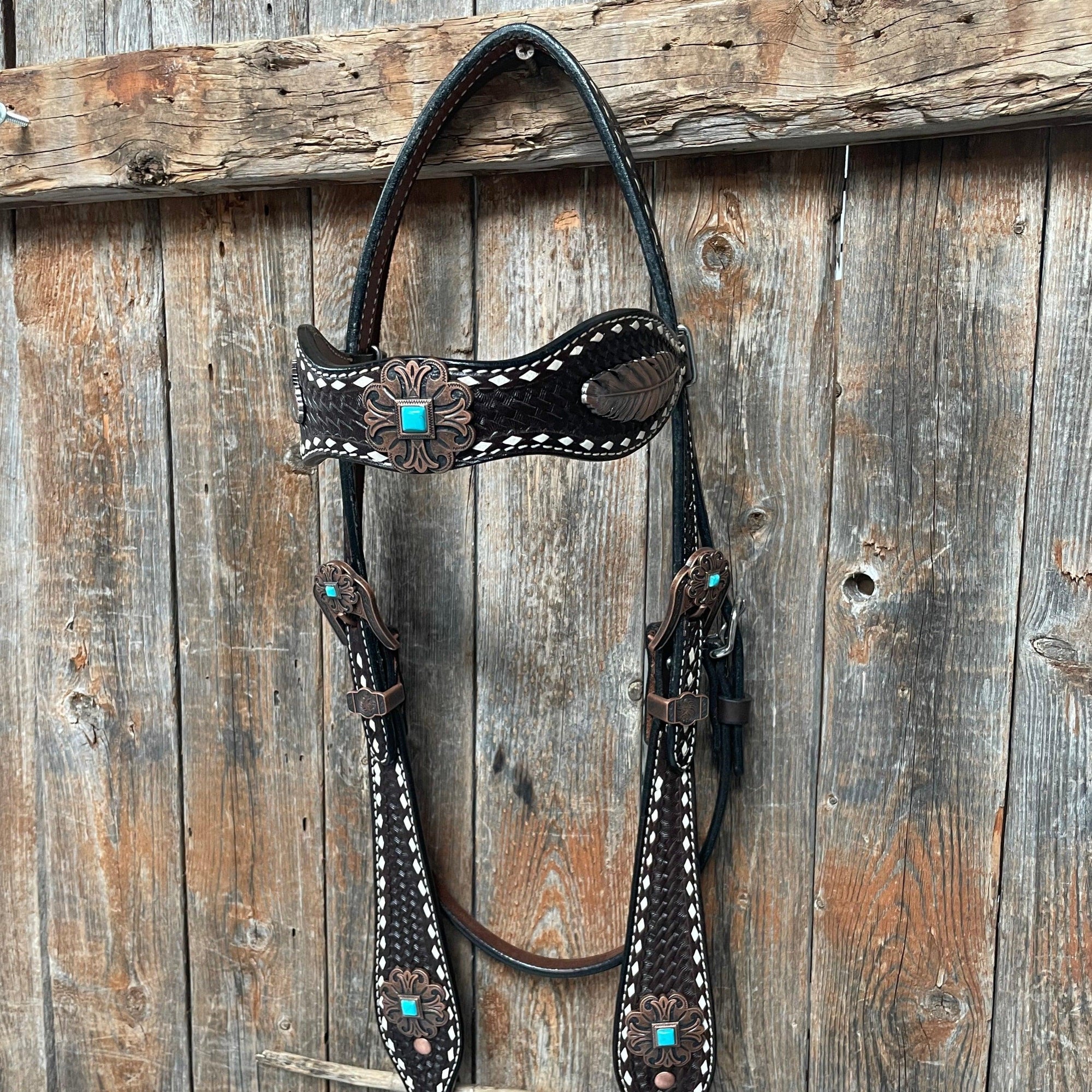 Dark Oil Buckstitch Copper and Turquoise Browband / One Ear / Breastcollar Buckstitch Tack Set 