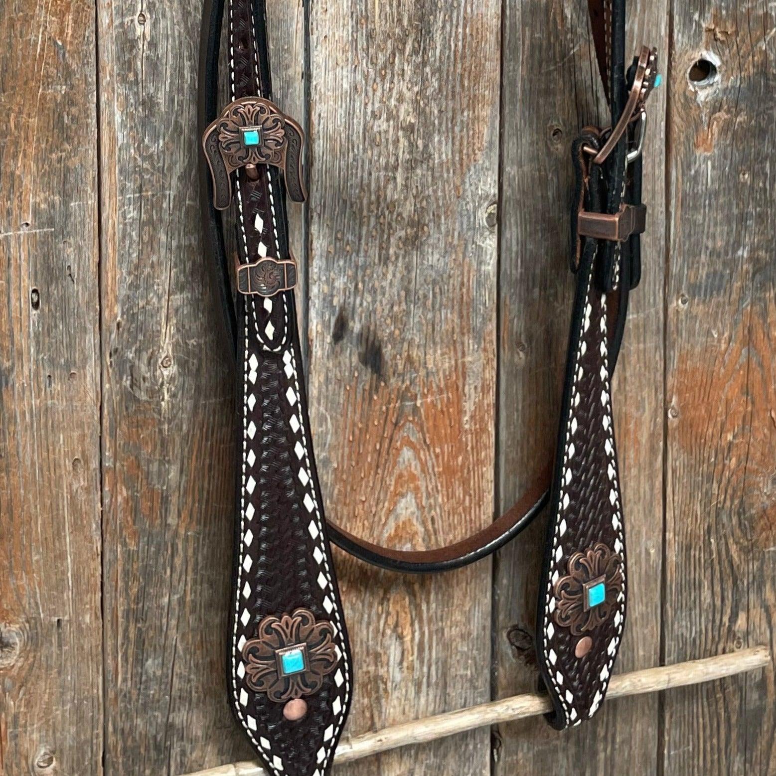 Dark Oil Buckstitch Copper and Turquoise Browband / One Ear / Breastcollar Buckstitch Tack Set 