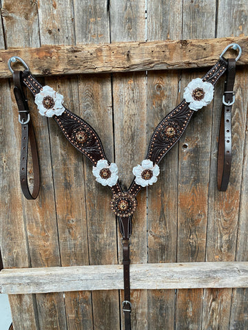 Dark Oil Copper Dot White and Topaz Browband / One Ear Tack Set #BBBC4