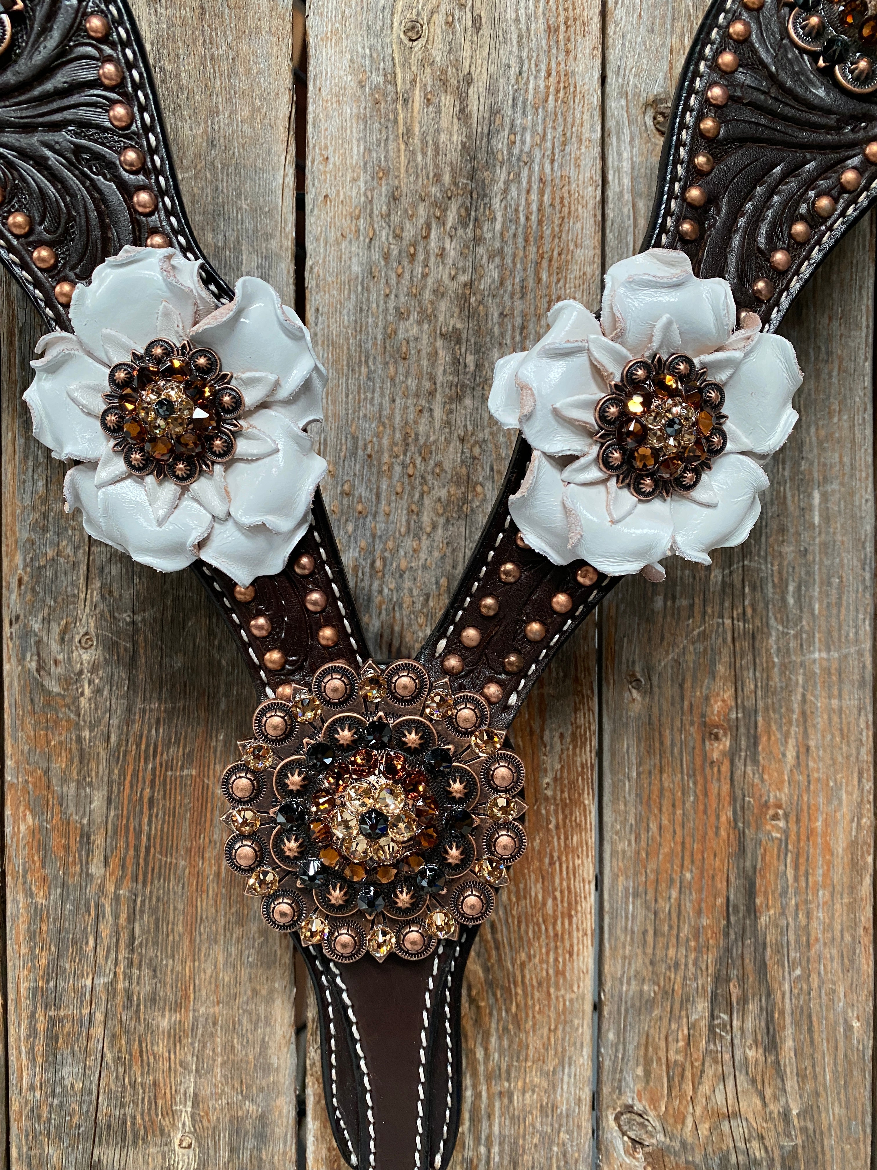 Dark Oil Copper Dot White and Topaz Browband / One Ear Tack Set #BBBC4