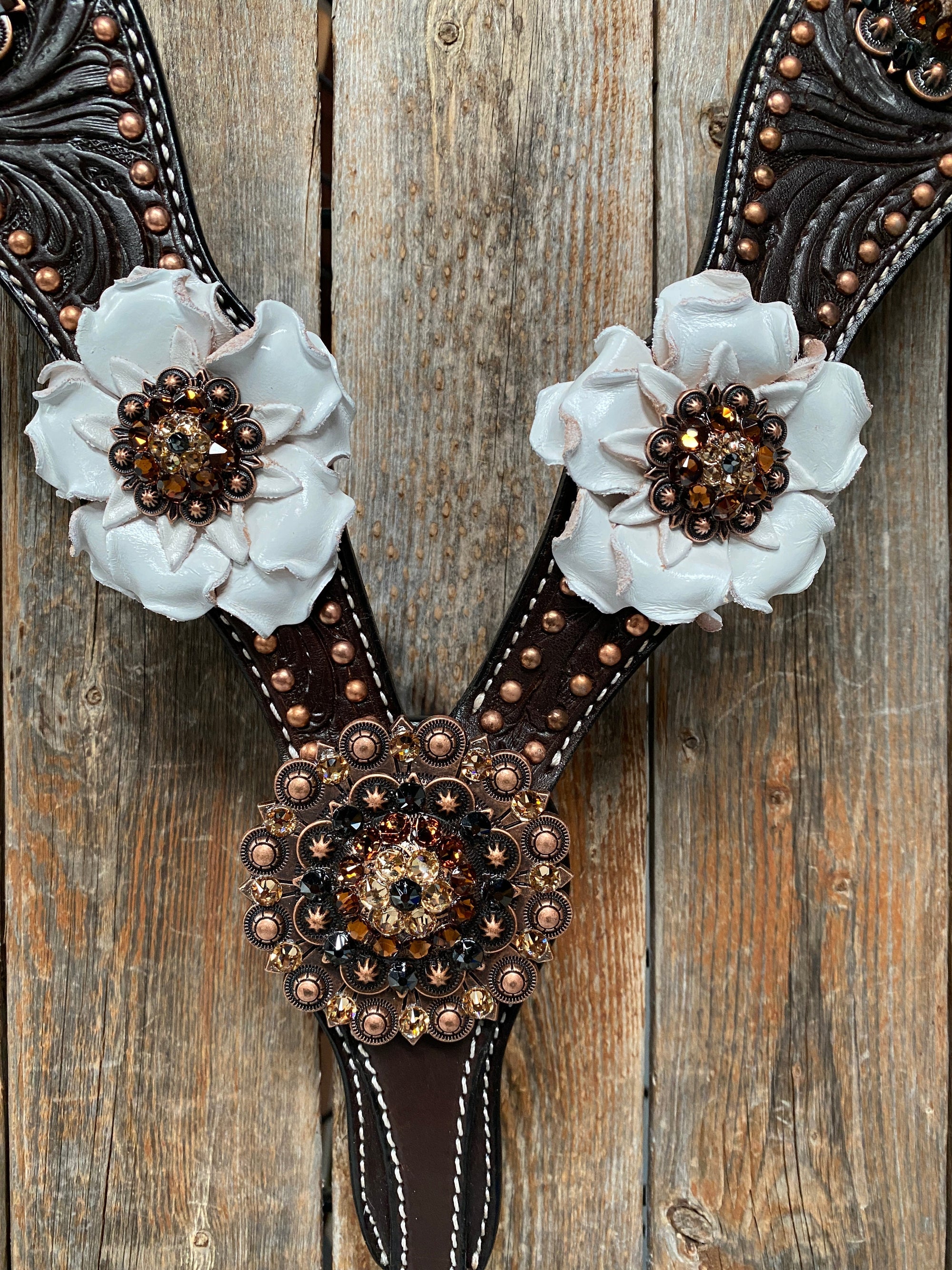 Dark Oil Copper Dot White and Topaz Browband / One Ear Tack Set 