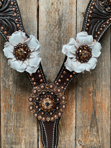 Dark Oil Copper Dot White and Topaz Browband / One Ear Tack Set #BBBC4