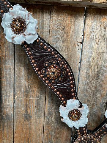 Dark Oil Copper Dot White and Topaz Browband / One Ear Tack Set #BBBC4