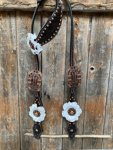 Dark Oil Copper Dot White and Topaz Browband / One Ear Tack Set #BBBC4