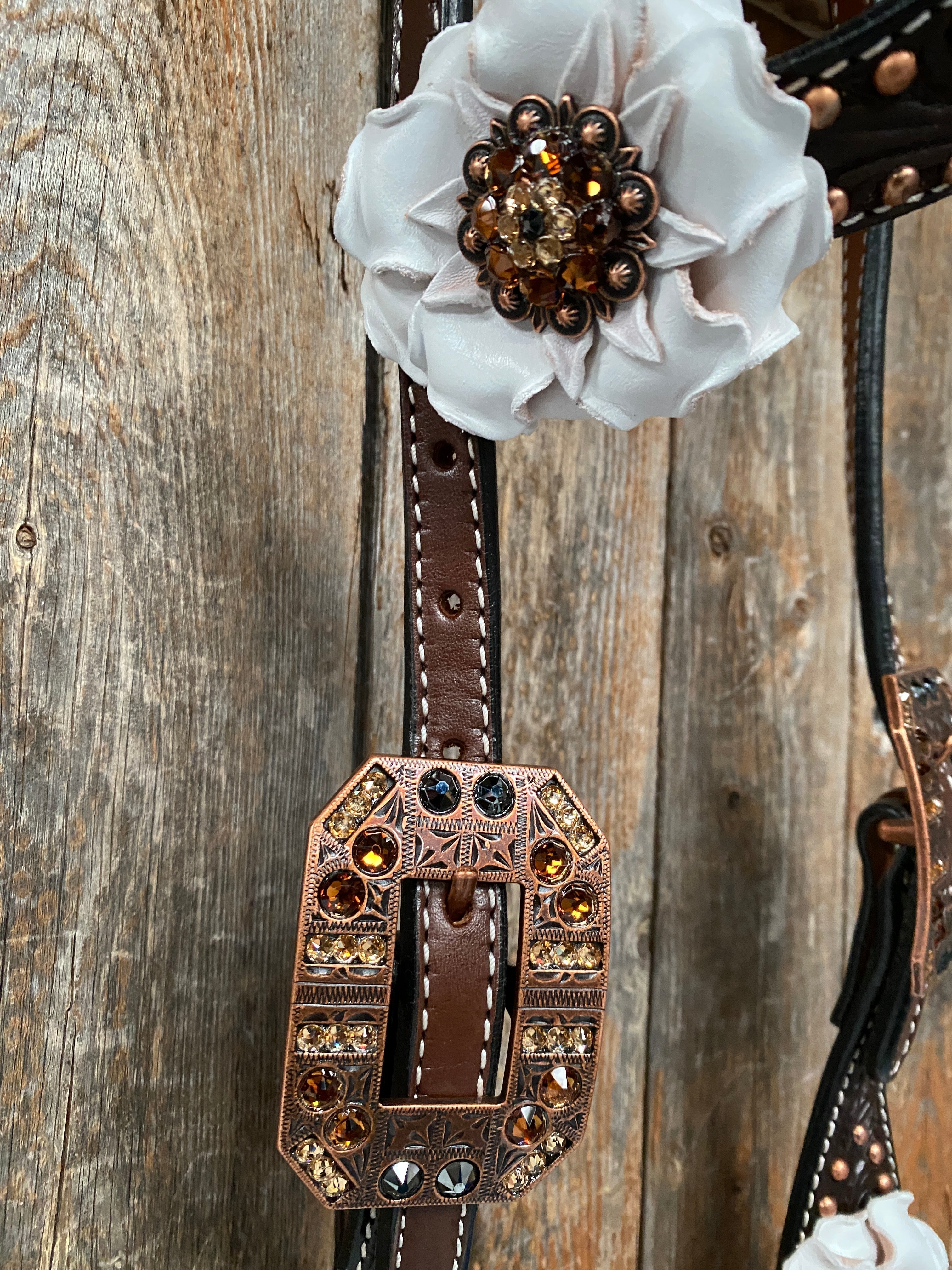 Dark Oil Copper Dot White and Topaz Browband / One Ear Tack Set #BBBC4