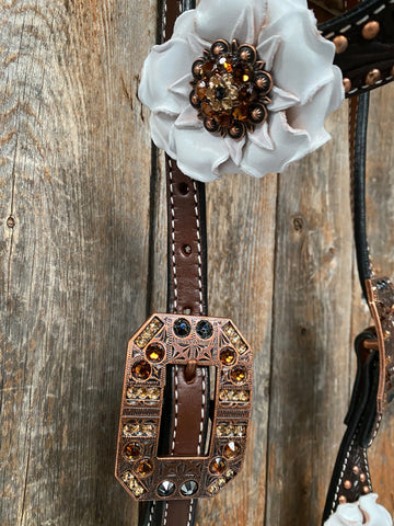Dark Oil Copper Dot White and Topaz Browband / One Ear Tack Set #BBBC4