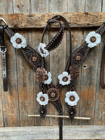 Dark Oil Copper Dot White and Topaz Browband / One Ear Tack Set #BBBC4