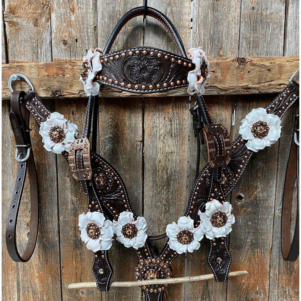 Dark Oil Copper Dot White and Topaz Browband / One Ear Tack Set #BBBC4