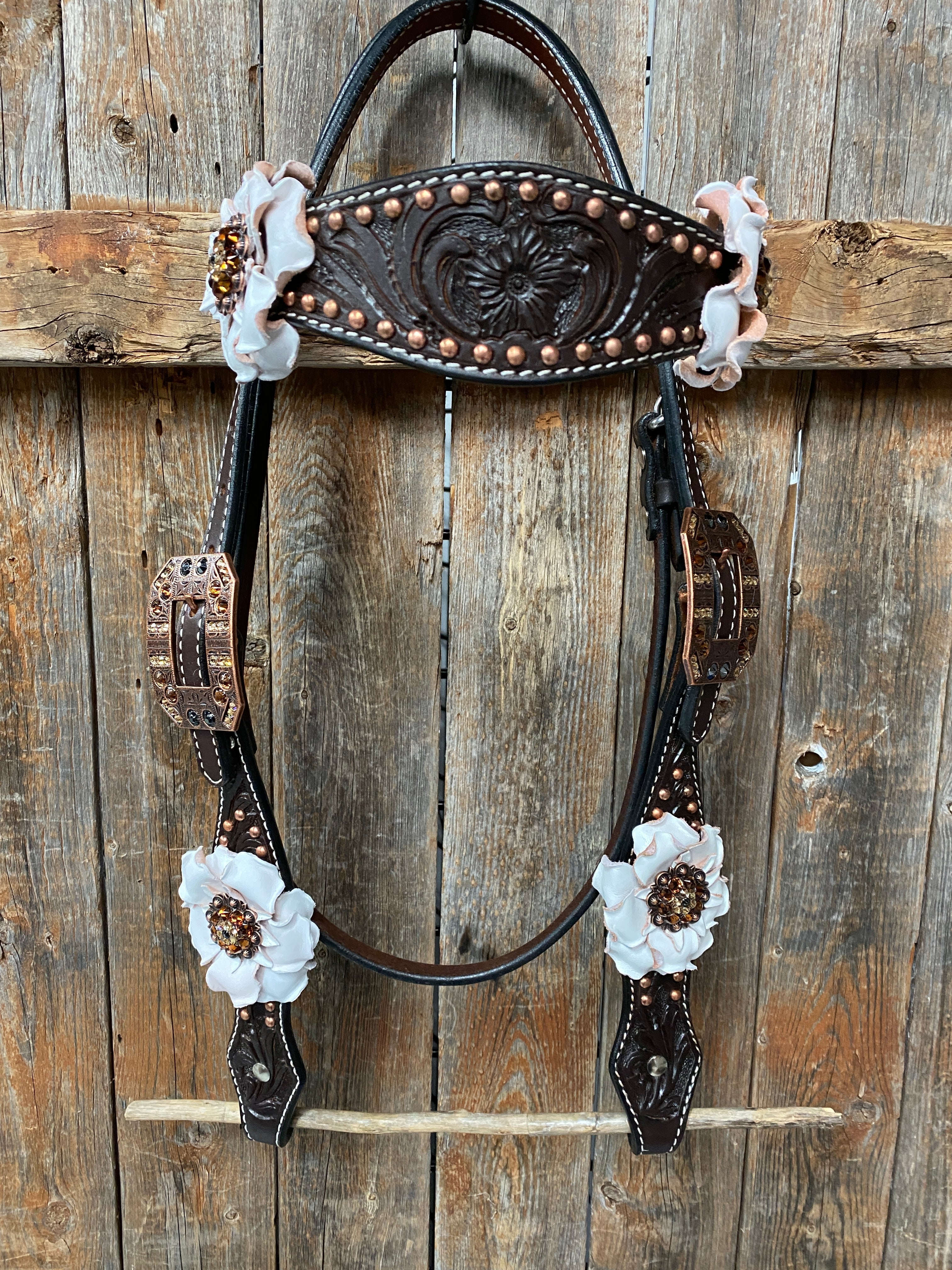 Dark Oil Copper Dot White and Topaz Browband / One Ear Tack Set #BBBC4