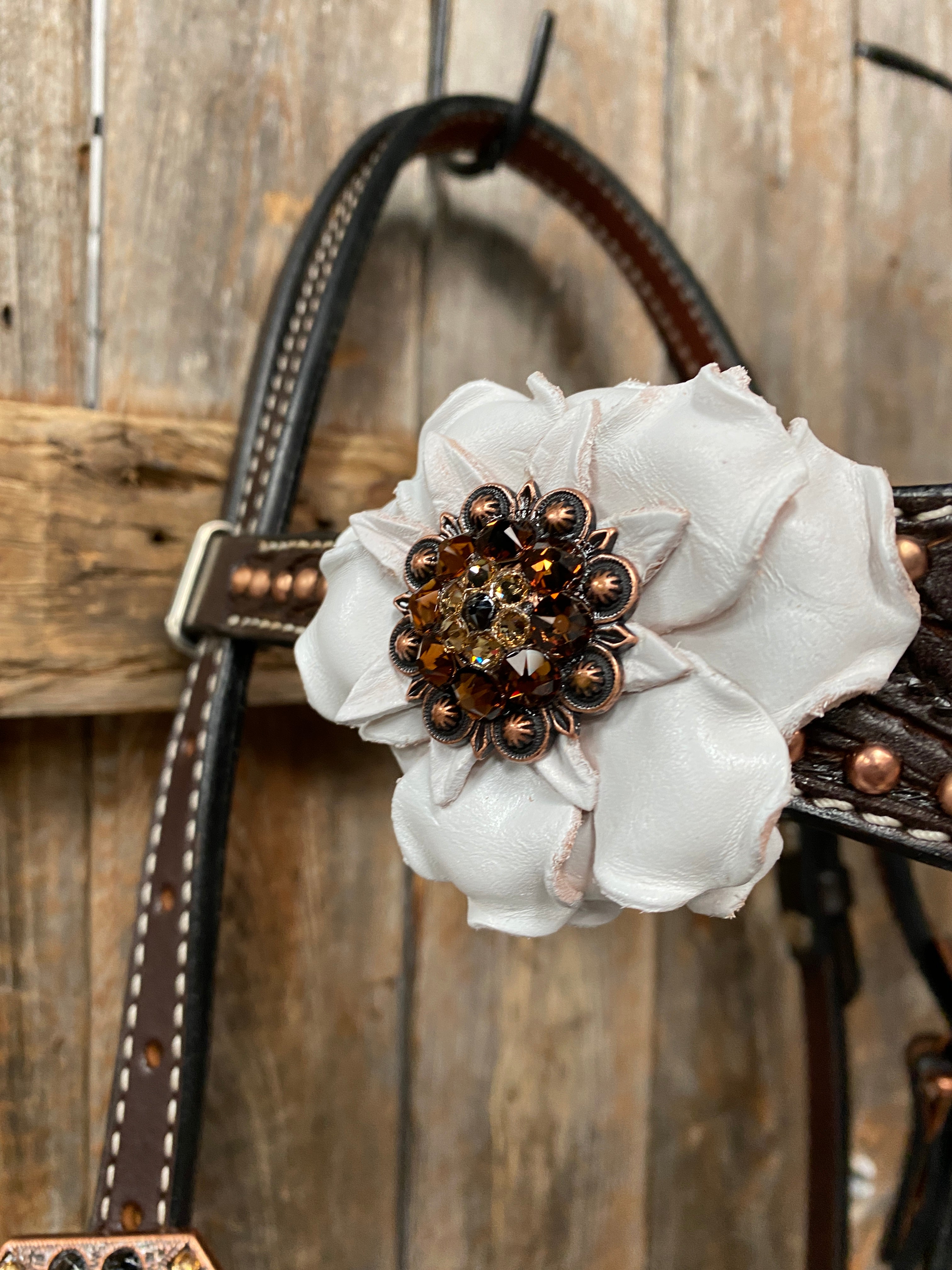 Dark Oil Copper Dot White and Topaz Browband / One Ear Tack Set #BBBC4