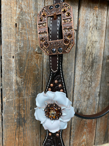 Dark Oil Copper Dot White and Topaz Browband / One Ear Tack Set #BBBC4