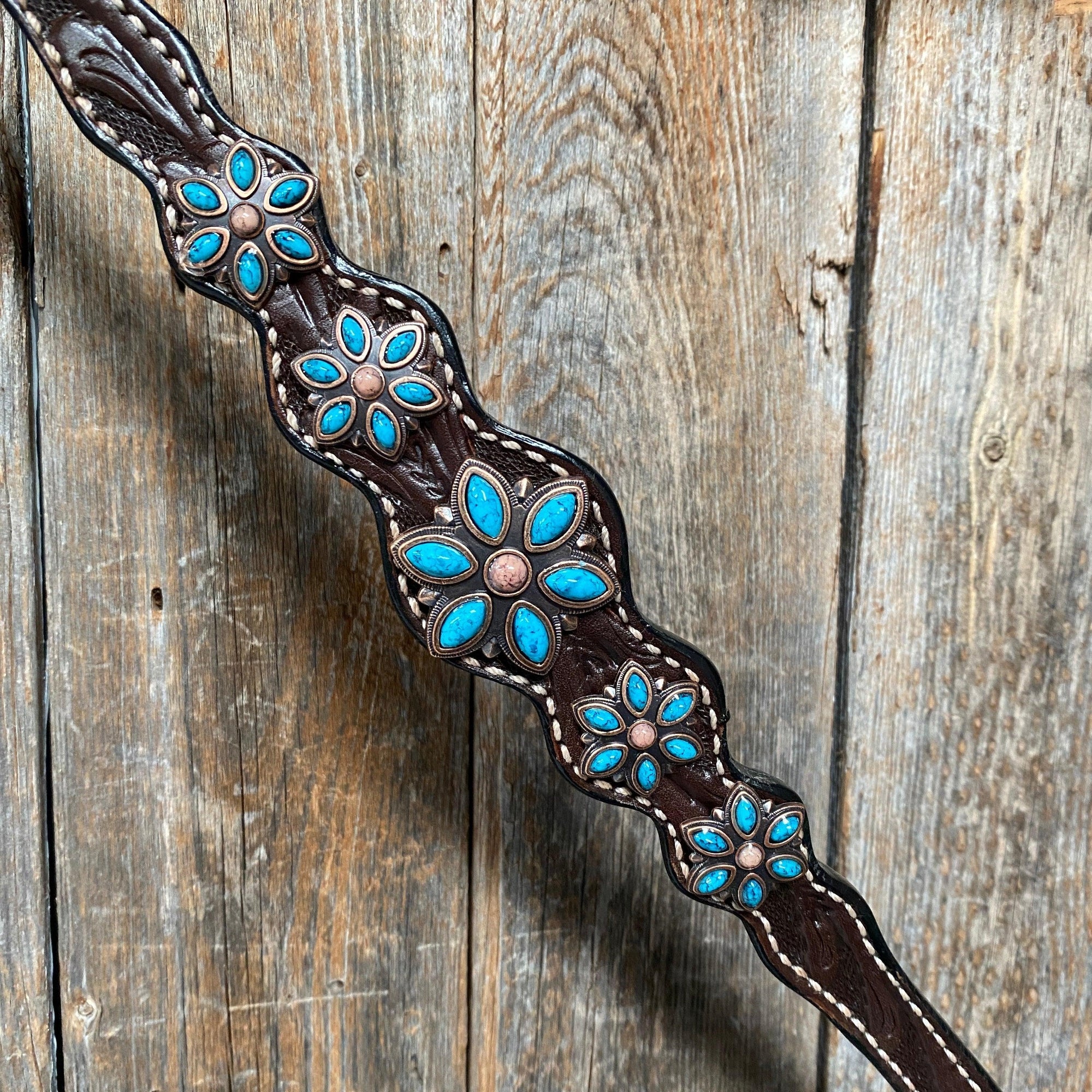 Dark Floral Turquoise Browband/One Ear Tack Set with Wither Strap  