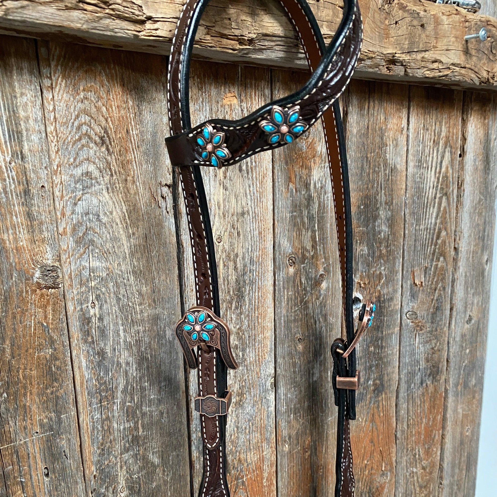 Dark Floral Turquoise Browband/One Ear Tack Set with Wither Strap  
