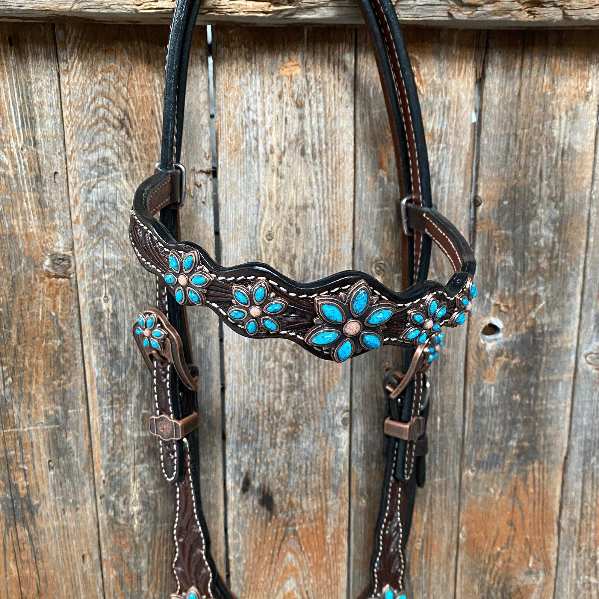 Dark Floral Turquoise Browband/One Ear Tack Set with Wither Strap  