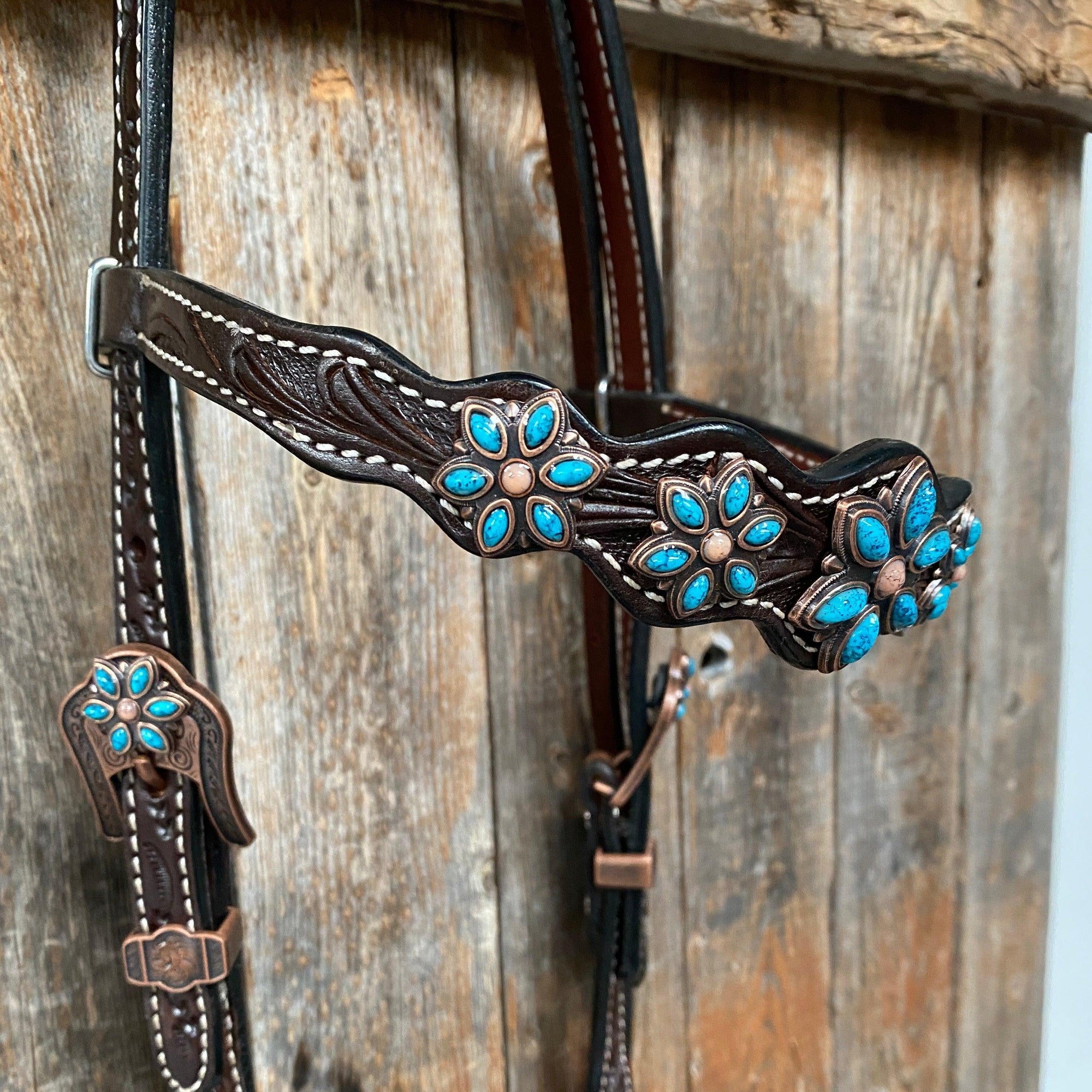 Dark Floral Turquoise Browband/One Ear Tack Set with Wither Strap  