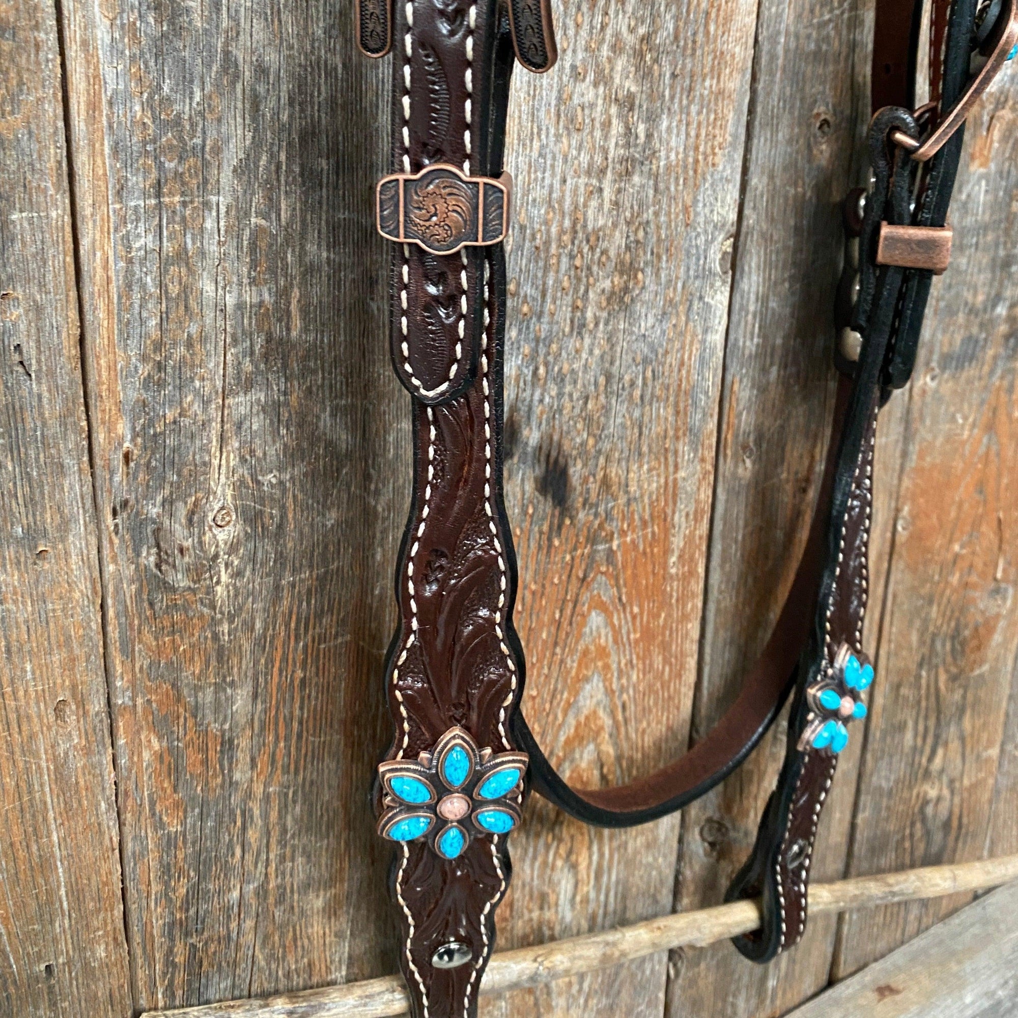 Dark Floral Turquoise Browband/One Ear Tack Set with Wither Strap  