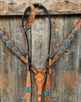 Light Floral Turquoise Browband/One Ear Tack Set with Wither Strap  
