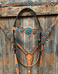 Light Floral Turquoise Browband/One Ear Tack Set with Wither Strap  
