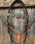 Light Floral Turquoise Browband/One Ear Tack Set with Wither Strap  