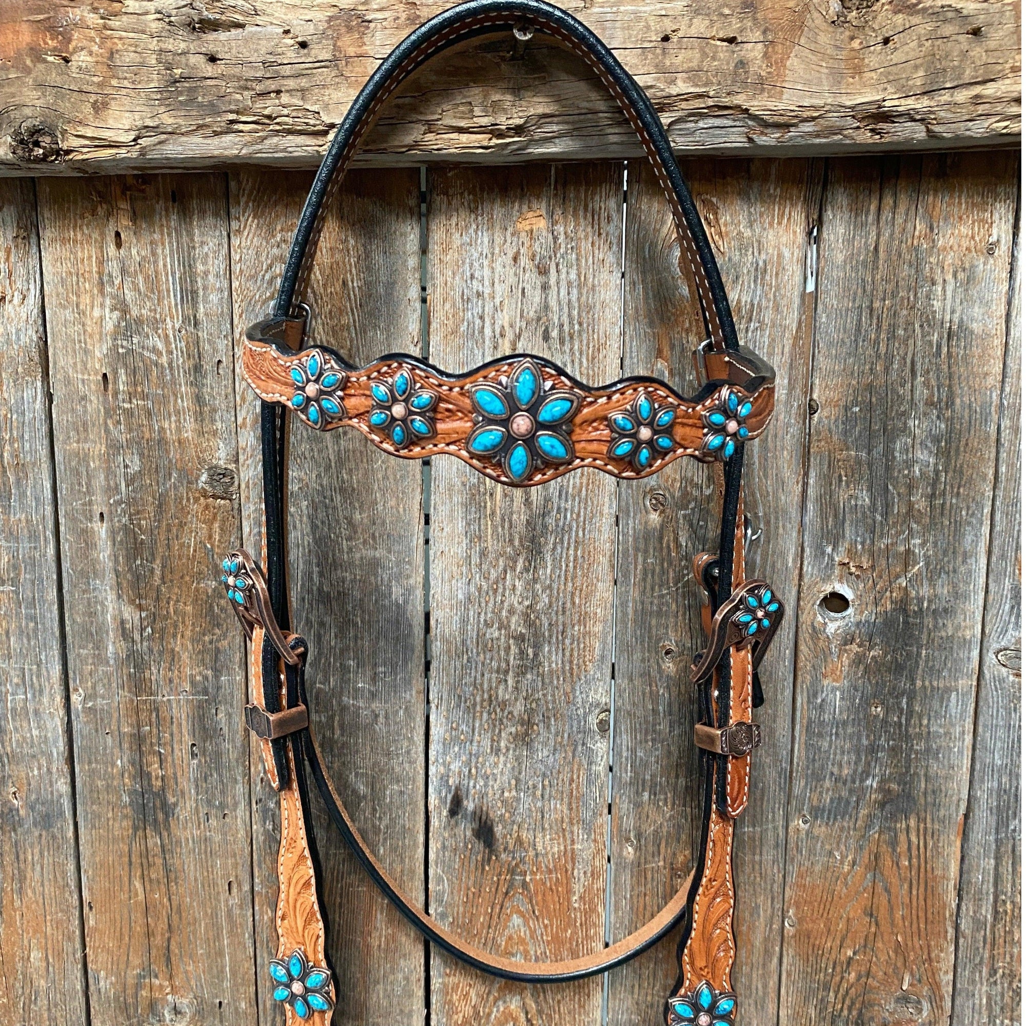 Light Floral Turquoise Browband/One Ear Tack Set with Wither Strap  