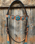 Light Floral Turquoise Browband/One Ear Tack Set with Wither Strap  