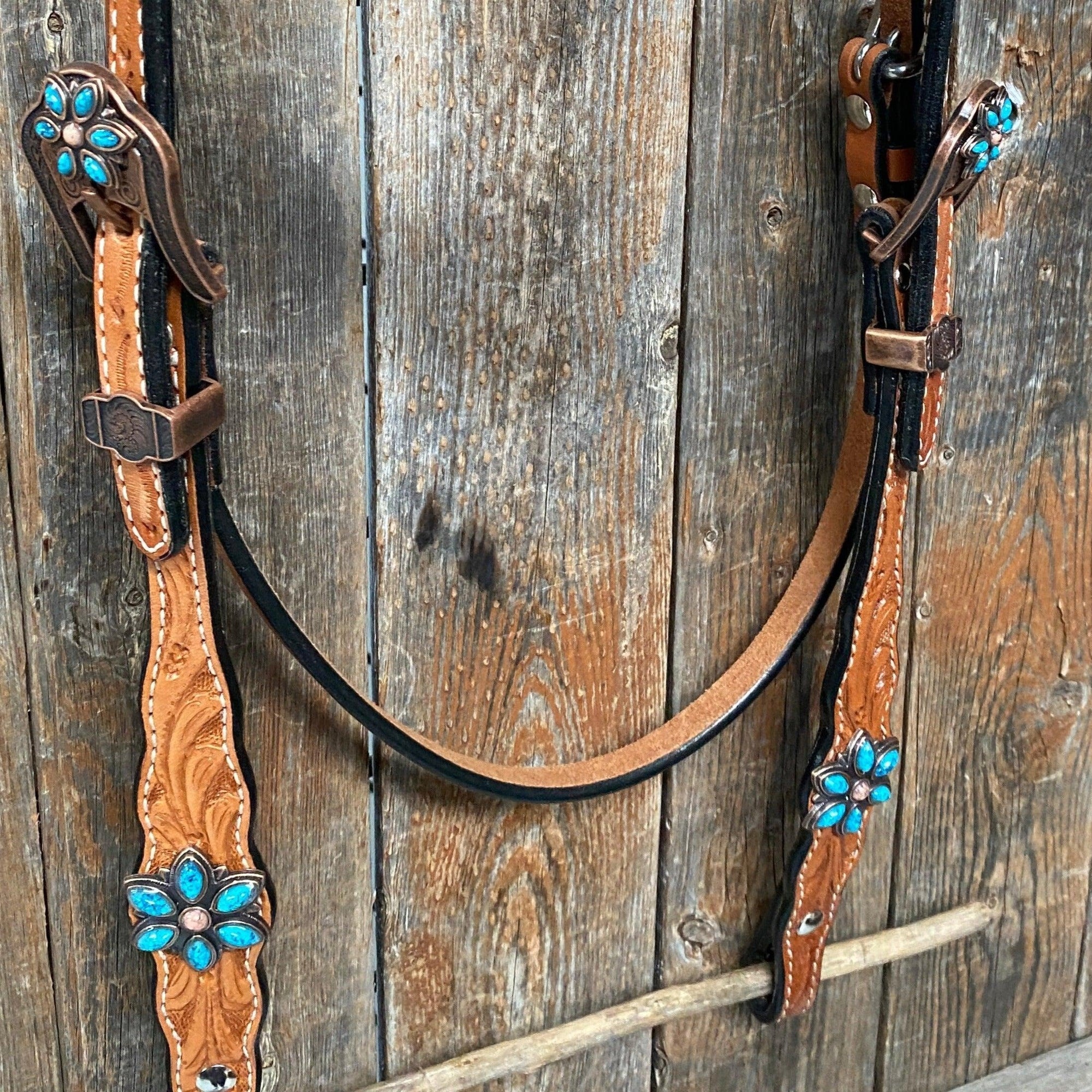 Light Floral Turquoise Browband/One Ear Tack Set with Wither Strap  