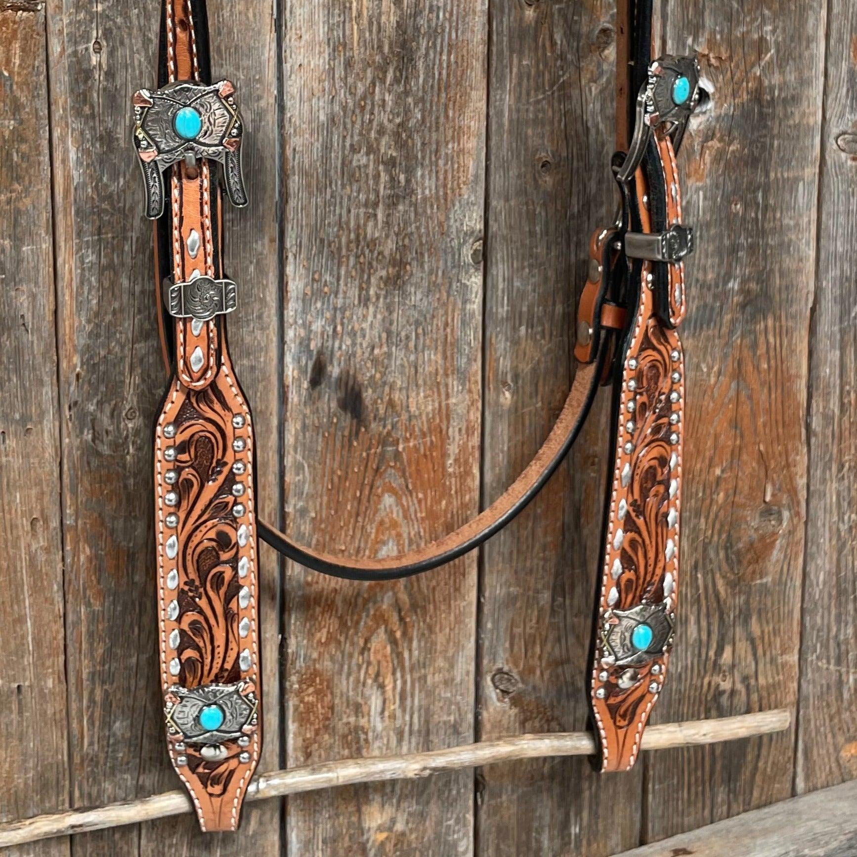 Silver Buckstitch with Turquoise Browband / One Ear / Breastcollar Tack Set 