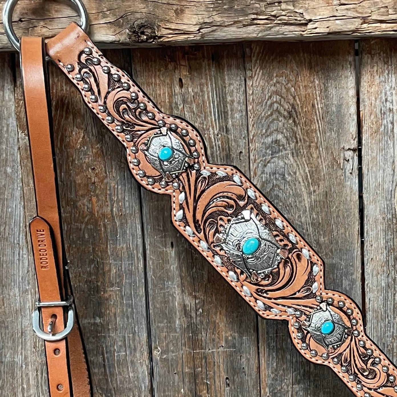 Silver Buckstitch with Turquoise Browband / One Ear / Breastcollar Tack Set 
