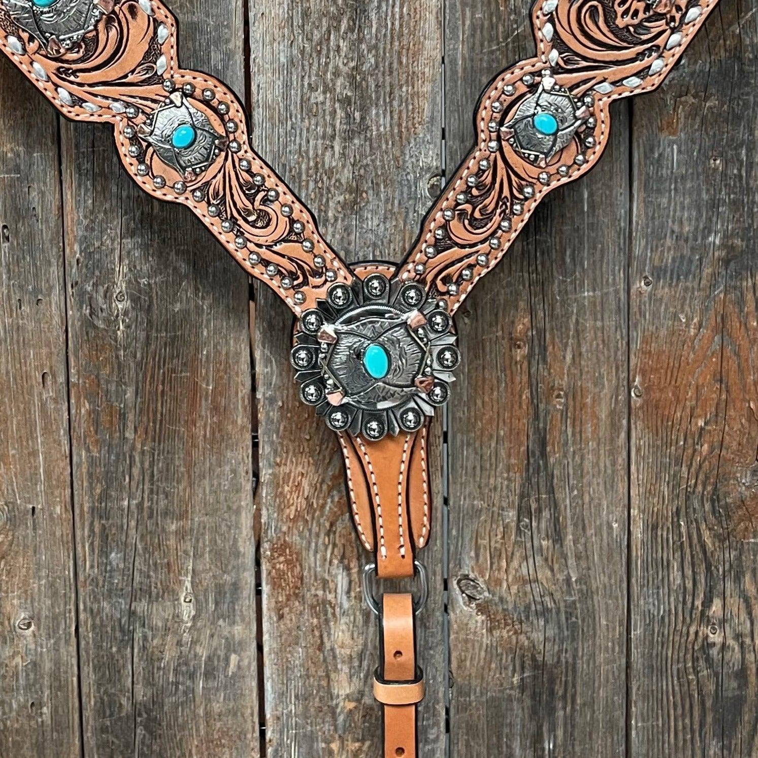 Silver Buckstitch with Turquoise Browband / One Ear / Breastcollar Tack Set 