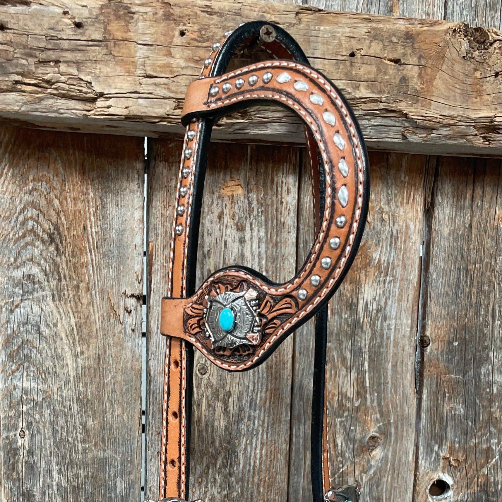 Silver Buckstitch with Turquoise Browband / One Ear / Breastcollar Tack Set 