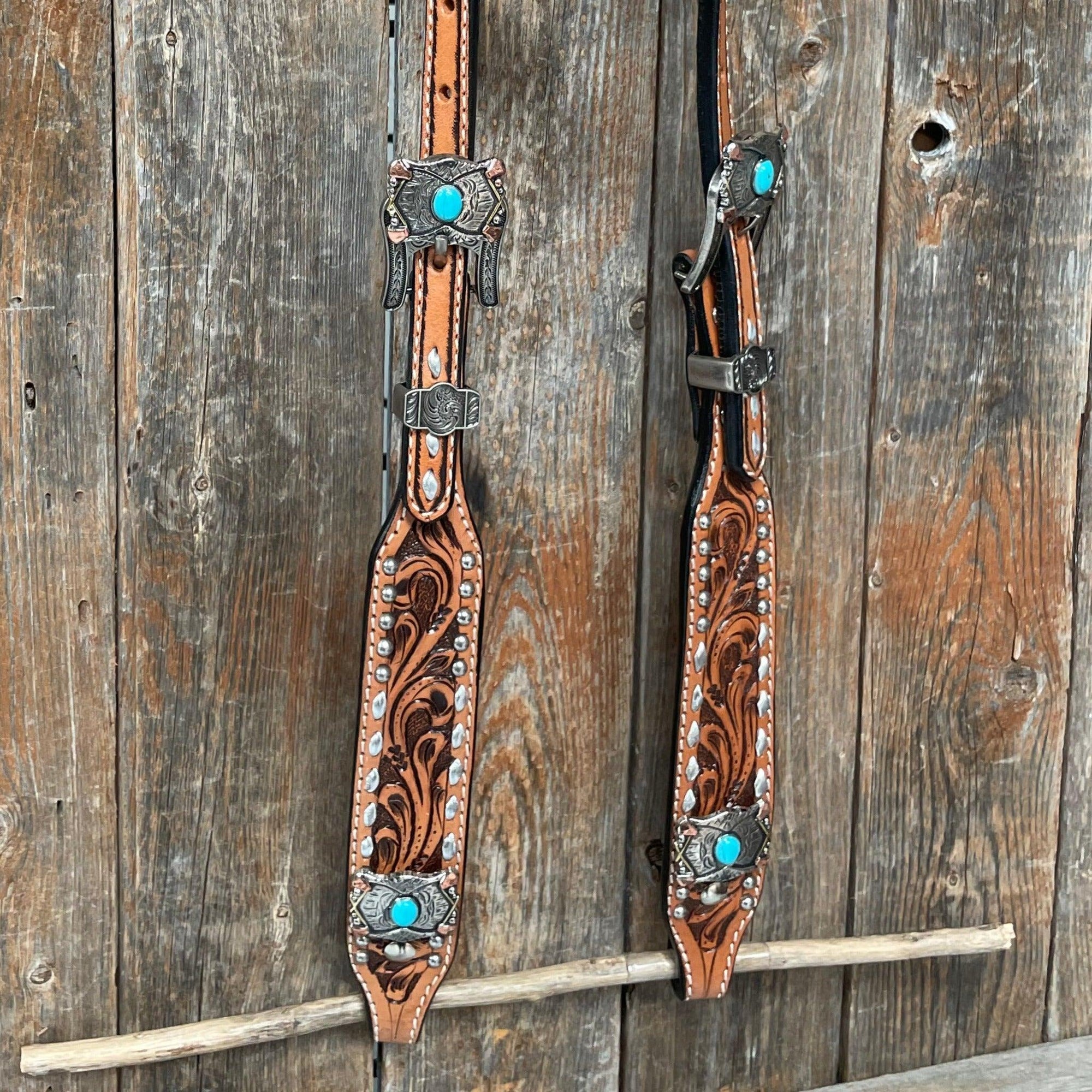Silver Buckstitch with Turquoise Browband / One Ear / Breastcollar Tack Set 