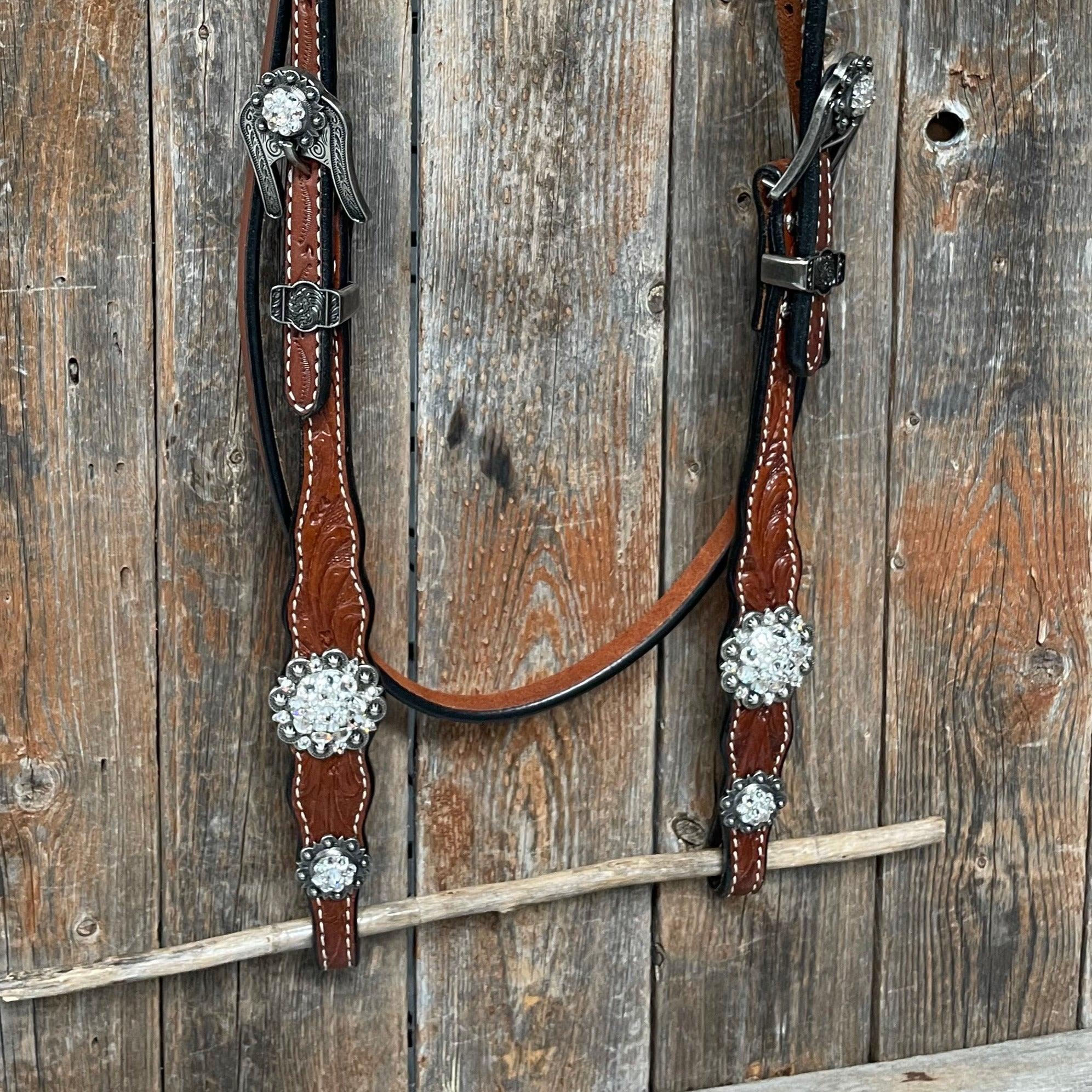 Medium Oil Floral Scalloped Clear Browband / One Ear / Breastcollar Buckstitch Tack Set 
