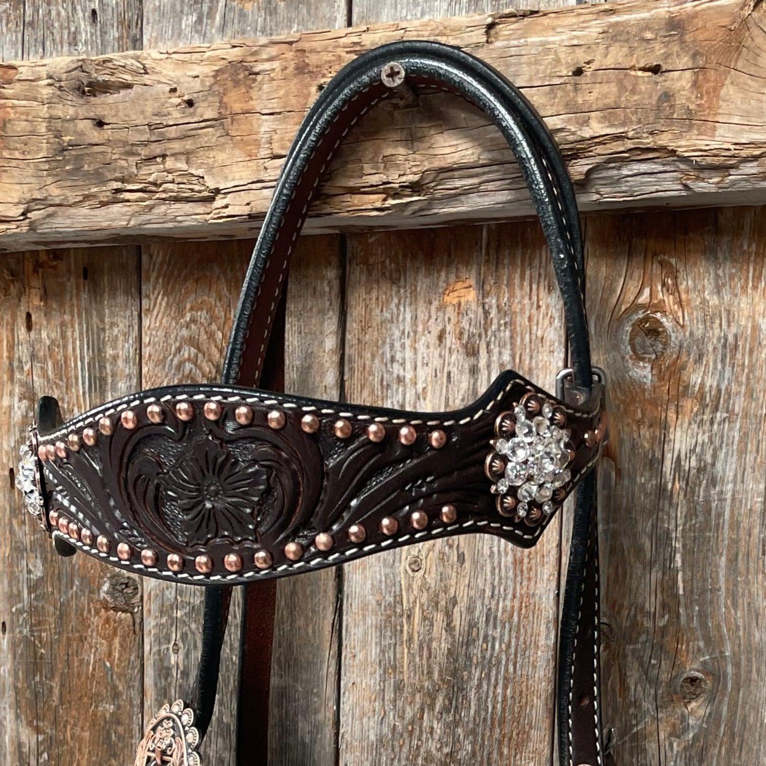 Dark Oil Floral Copper Dot Clear Browband / One Ear / Breastcollar Buckstitch Tack Set 