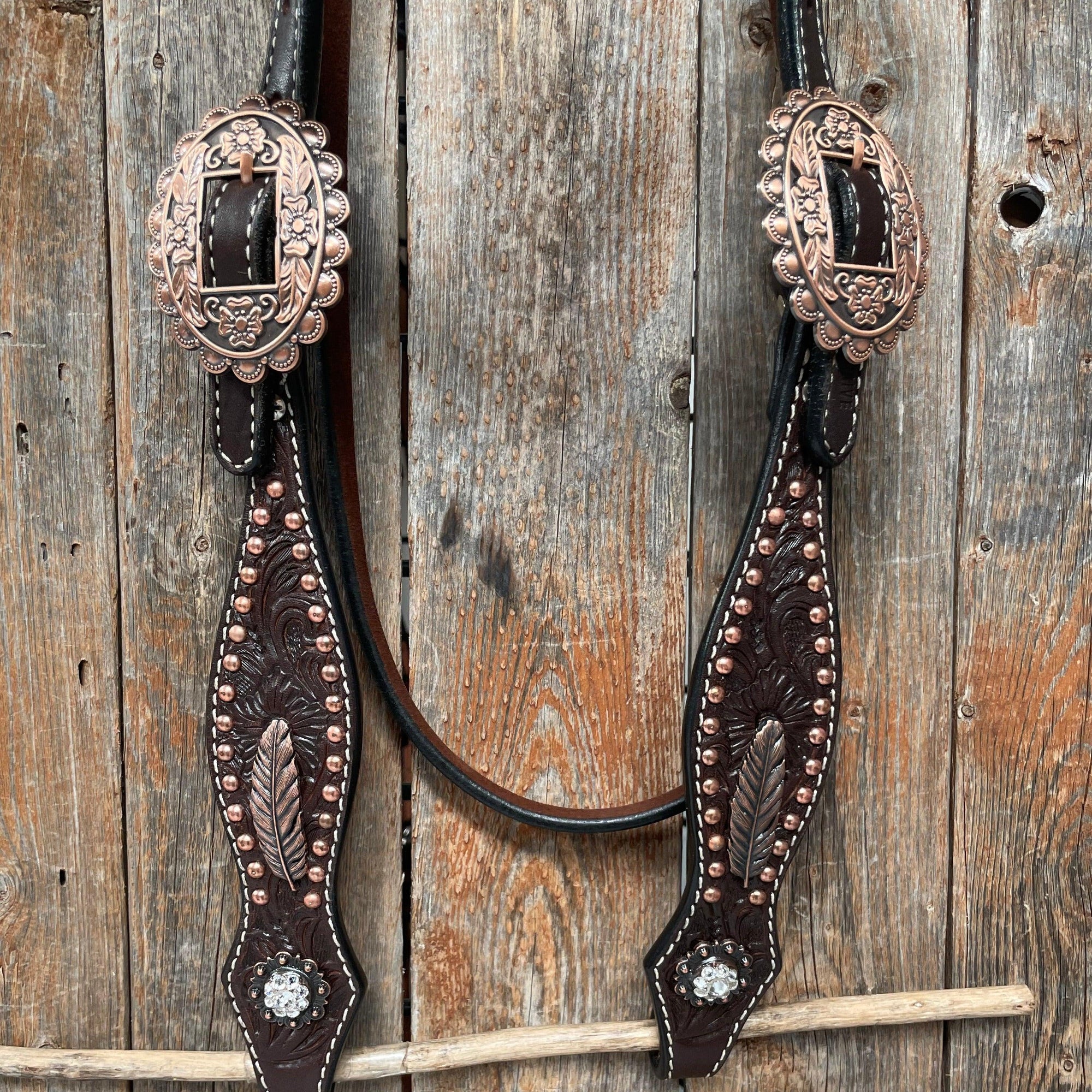 Dark Oil Floral Copper Dot Clear Browband / One Ear / Breastcollar Buckstitch Tack Set 
