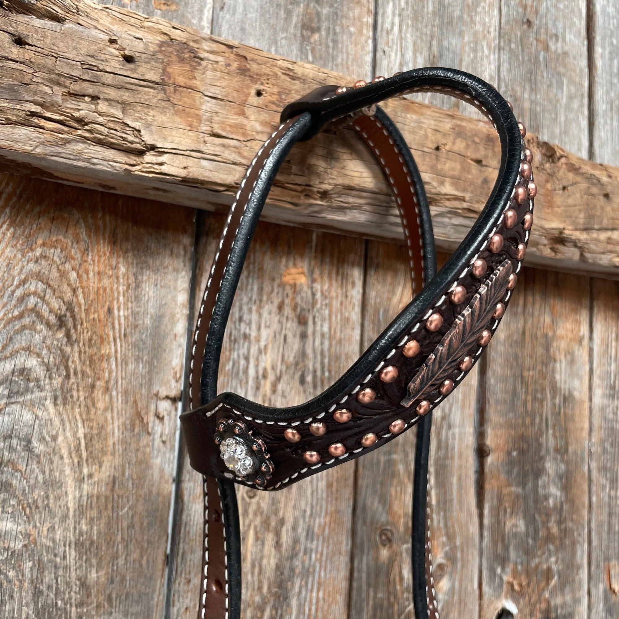 Dark Oil Floral Copper Dot Clear Browband / One Ear / Breastcollar Buckstitch Tack Set 