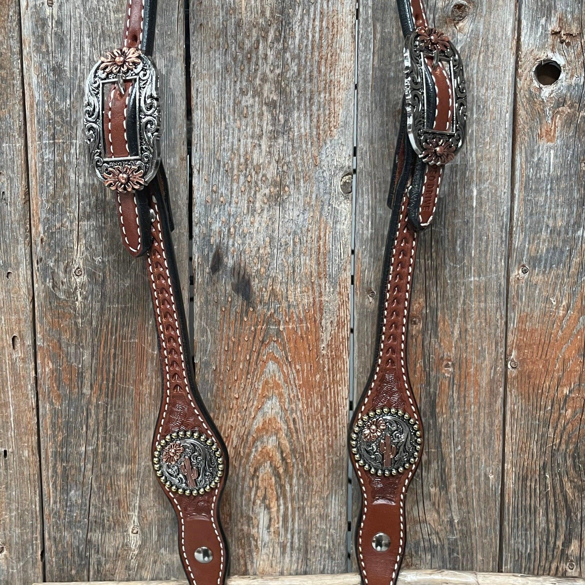Medium Oil Basketweave Flower and Cactus Browband/One Ear Tack Set  